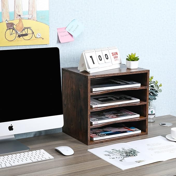 PAG Mail Sorter, Wood Countertop Literature Organizer, Office Supplies Desktop File Bill Paper Organizer for Home School, 4 Compartments, Antique Brown