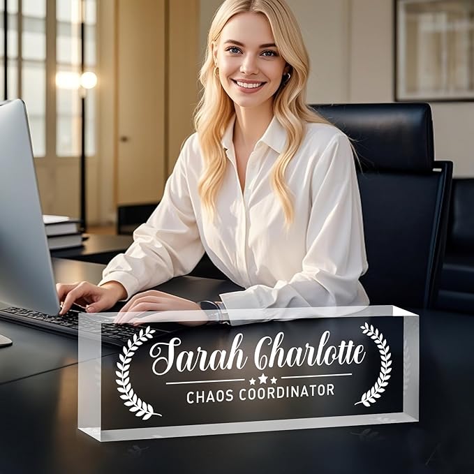 Custom Name Plate for Desk, Personalized Desk Name Plate on Clear Acrylic Glass, Appreciation Gifts for Teacher Employee Boss Coworkers Nurse, Office Desk Accessories for Women Men (Engraved Honor)