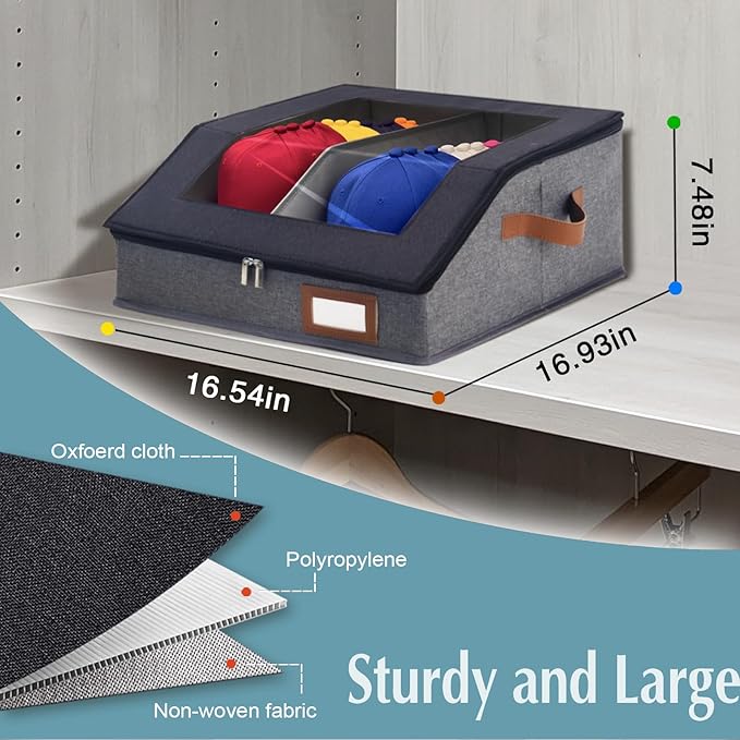 2-in-1 Hat Organizer for Baseball Caps Holds 24-30 Caps Hat Storage with Adjustable Divider Stackable Hats Holder for Closet with Clear lid Cowboy Hat Box for Men Women 1 PCS Black and Grey