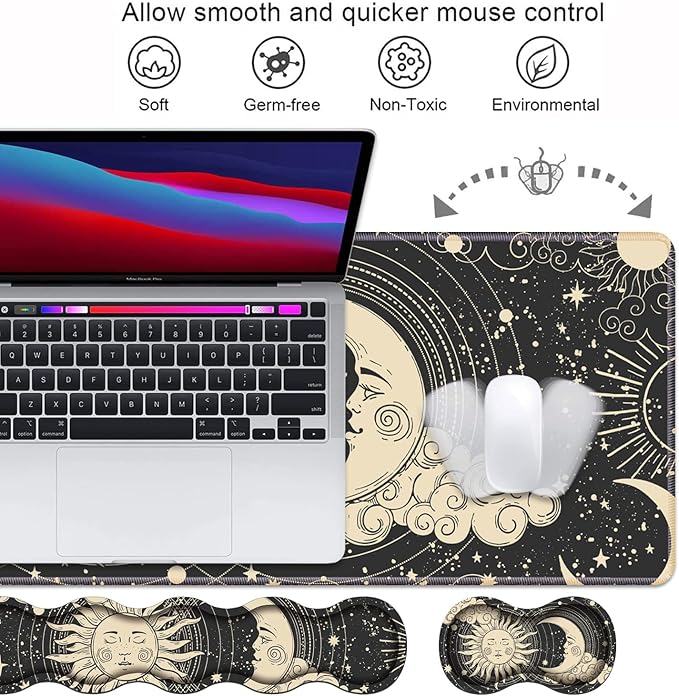 Ergonomic Keyboard Wrist Rest and Mouse Pad Wrist Rest Set, Extended XXL Gaming Mouse Pad 31.5"x 11.8", Non-Slip Base, Memory Foam, Easy Typing Pain Relief, Celestial Theme Sun with Crescent Moon