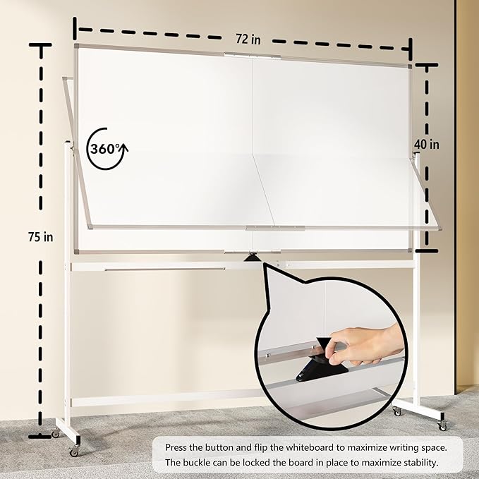 Large Rolling Whiteboard on Wheels, 72" x 40" Double-Sided Mobile White Board with Stand, Portable Standing Magnetic Dry Erase Board Easel for Home Office Classroom School, Silver