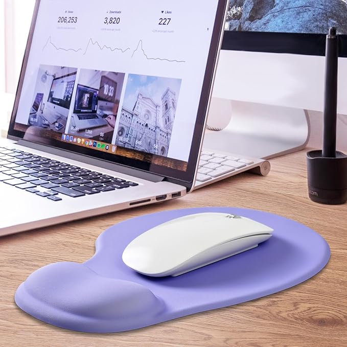 JIKIOU Mouse Pad, 2 Pack Ergonomic Mouse Pads with Comfortable Gel Wrist Rest Support and Smooth Cloth, Non-Slip PU Base for Easy Typing Pain Relief Durable and Easy to Clean Small Purple