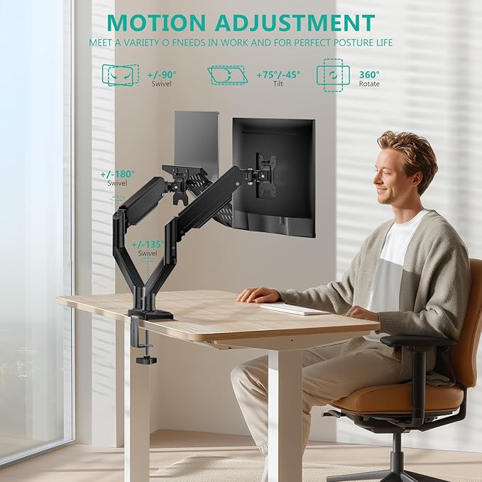 WALI Laptop Mount for Desk, Monitor Arm Mount for 17"-32”Computer Screen and 11.6" - 17.3" Notebook,Dual Monitor Mount Holds up to 19.8lbs, Laptop Tray Stand with Gas Spring Arm (GSMP002LP), Black