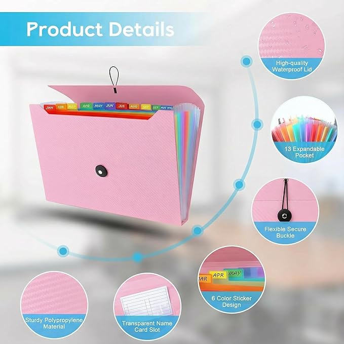 Accordion File Organizer, Accordion Folder for Sorting Documents and Papers, 13 Pockets Expanding File Storage Organizer for Home, Travel and Office Use (Pink)