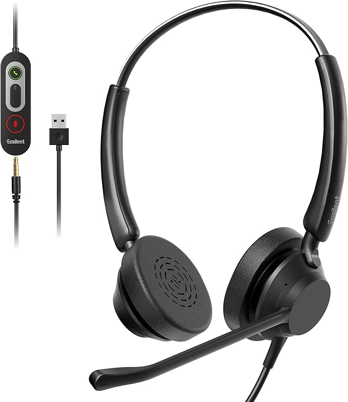 Easilent Wired Headset with Mic for PC, USB Headset with Noise Canceling Mic & in-line Control for Meetings, Computer Headset for Work, Office, WFH, Teams, Zoom, 3.5mm/USB-A