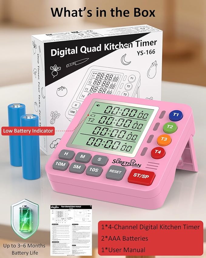 Digital Kitchen Timer for Cooking - 4 Channel Count Up Countdown Timer with Loud Alarm and Silent Mode, Large Display, Magnetic Back, Auto Memory for Classroom Study Gym, Battery Included (Pink)