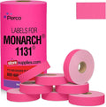 Perco Fluorescent Pink Pricing Labels for Monarch 1131 Price Gun - 1 Sleeve, 8 Rolls, 20,000 Price Marking Labels - with Ink Roll Included