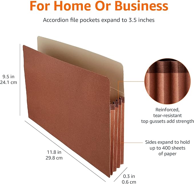 Amazon Basics Expanding File Folder Organizer with Pockets, Letter Size, 3.5-Inch Expansion, 25-Pack, 9.5 x 11.75 Inches, Brown