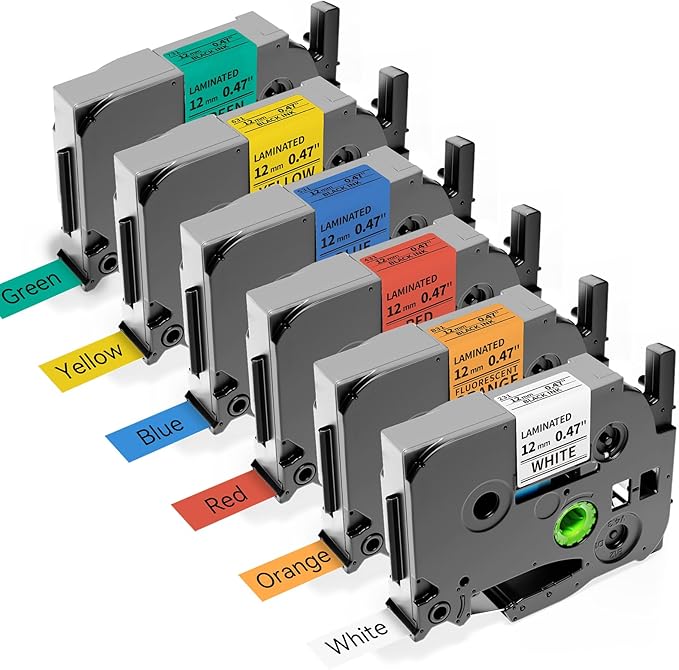 Anycolor Replace for Brother Label Maker Tape TZe TZ Tape 12mm 0.47 Laminated Color P Touch Label Tape for Brother PT-D210 PT-H110 PT-D220 PT-D610BT PT-D600, White/Orange/Red/Blue/Yellow/Green, 6-Pack