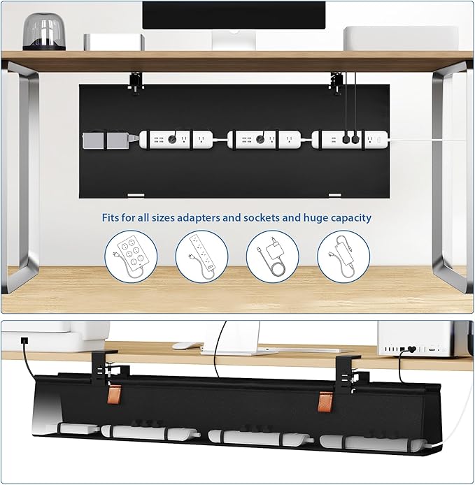 Zilink No Drill Under Desk Cable Management Tray 40" Cord Organizer for Table Clamp/Screw Mount Cable Management Under Desk Waterproof Fabric Cable Management Tray for Office, Home