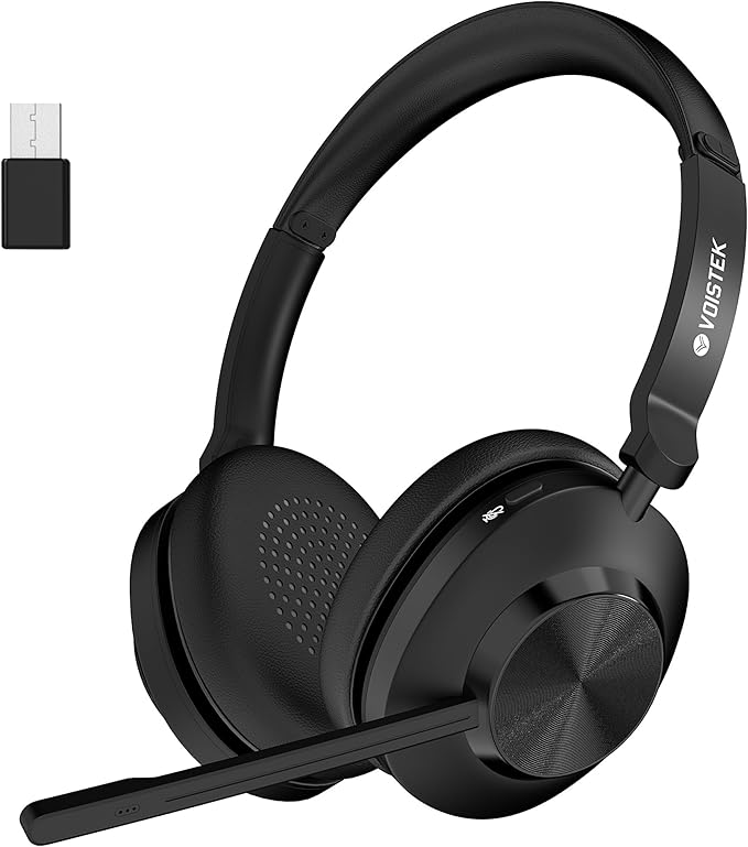 Voistek Bluetooth Headset with Microphone, Wireless Headset with Noise Cancelling Mic, USB A/C Dongle, Mic Mute Button, 45+ Hours Battery for Work, Office, Calls, Windows, MacOS, Android, iOS