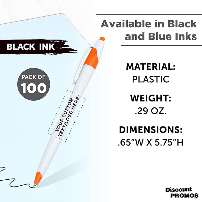 DISCOUNT PROMOS Custom Slim Curvy Ballpoint Pens Set of 100, Personalized Bulk Pack - Black Ink, Retractable, Great for Office, School, Tradeshows - Orange