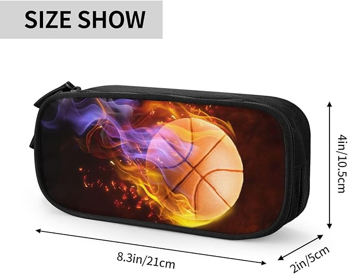 Sports-Themed Boys Pencil Case with Fire Basketball Print, Big Capacity Black Pencil Pouch Stationery Bag with Zipper Portable Travel Storage Box Desk Pen Bag for Kids Teens Adults