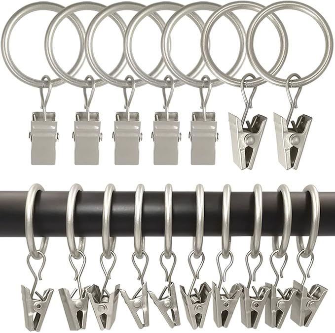 LLPJS 100 Pack Curtain Rings with Clips, Curtain Clip Rings Hooks, Bow Hanger Clips for Hanging Drapery Drapes Bows, Ring 1 inch Interior Diameter, Fits up to 5/8" Rod, Matte Silver