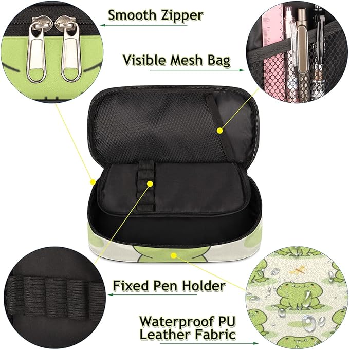 Pardick Cute Frog Big Capacity Pencil Pen Case Animal Frog Large Pencil Pouch with Zipper Compartments Pencil Bag for Boys Girls Adults Student Office School Supplies