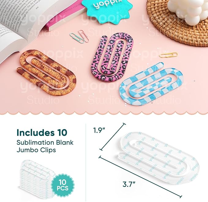 YOPPIX 10 Pcs Sublimation Paper Clips Blanks - Clear Acrylic Jumbo Clips Paperclip Bookmark Clips for Heat Transfer, DIY Crafts, Office School Supplies, Customizable Gift Ideas