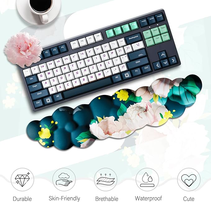 JIKIOU Cloud Wrist Rest Keyboard, Cloud Keyboard Wrist Pad Set with Comfortable Cloth, Cute Arm Rest for Palm Support, PC/Gaming Desk Accessories/Office Setup/Computer Hand Cushion Peony