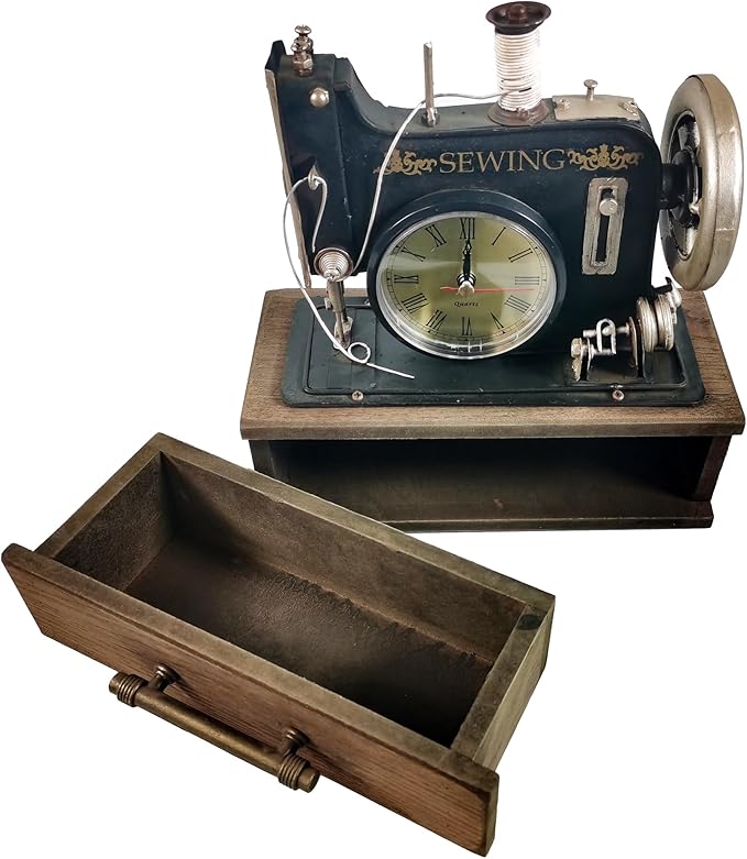YCHTEWY-Retro Sewing Machine Style Desk Clock with Wooden Case - Manual Sewing Machine Vintage for Home Decor