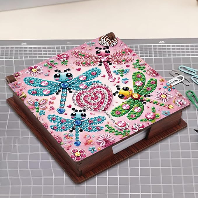 Wooden DIY Dragonfly Diamond Art Notecard Box – DIY Gem Art Sticky Note Holder for Adults 160 Sheets Memo Pad Storage