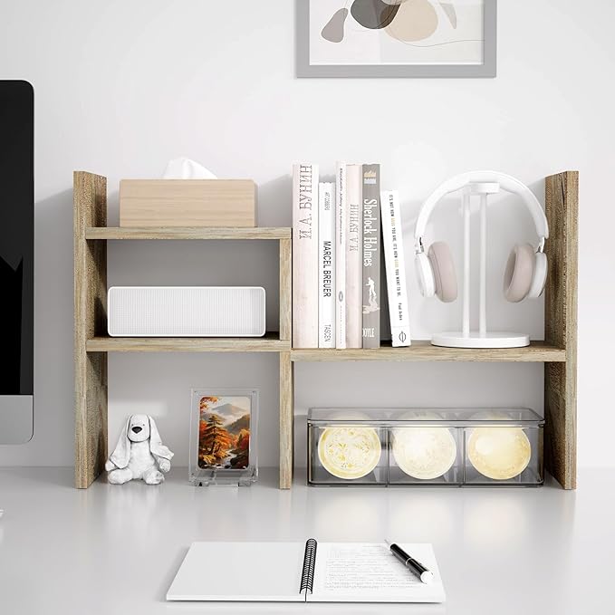 Jerry & Maggie Office Desk Organizers and Accessories for College Dorm Decor, Supplies Wooden Desk Organizer for Plants, Cubicle Shelf of Makeup Organizer for Cute Room Decor, Grey Oak