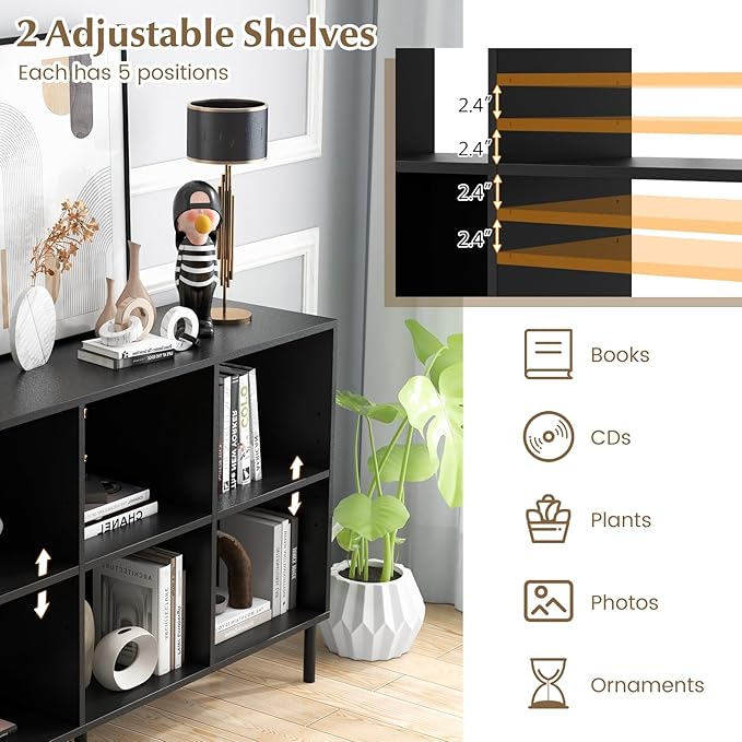 Giantex 6 Cube Bookcase, 3-Tier 47" Long Wood Bookshelf w/ 5 Metal Legs, Adjustable Shelf, Anti-toppling Device, 31.5" Tall Floor Open Shelf Bookcase, Freestanding Wooden Cube Storage Shelves