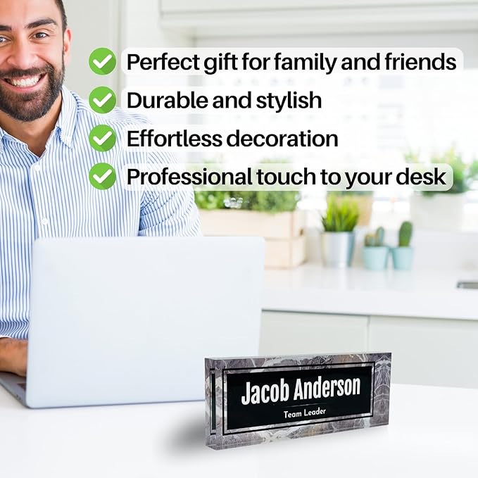 Customized Clear Acrylic Thick 8x3" Desk Name Plate Block with Personalized Logo - Professional Office Decor - Customized Acrylic Plate Gift for Teacher Co-workers, Christmas Gifts for Her, Thanksgiving Gifts (Black-White Marble)