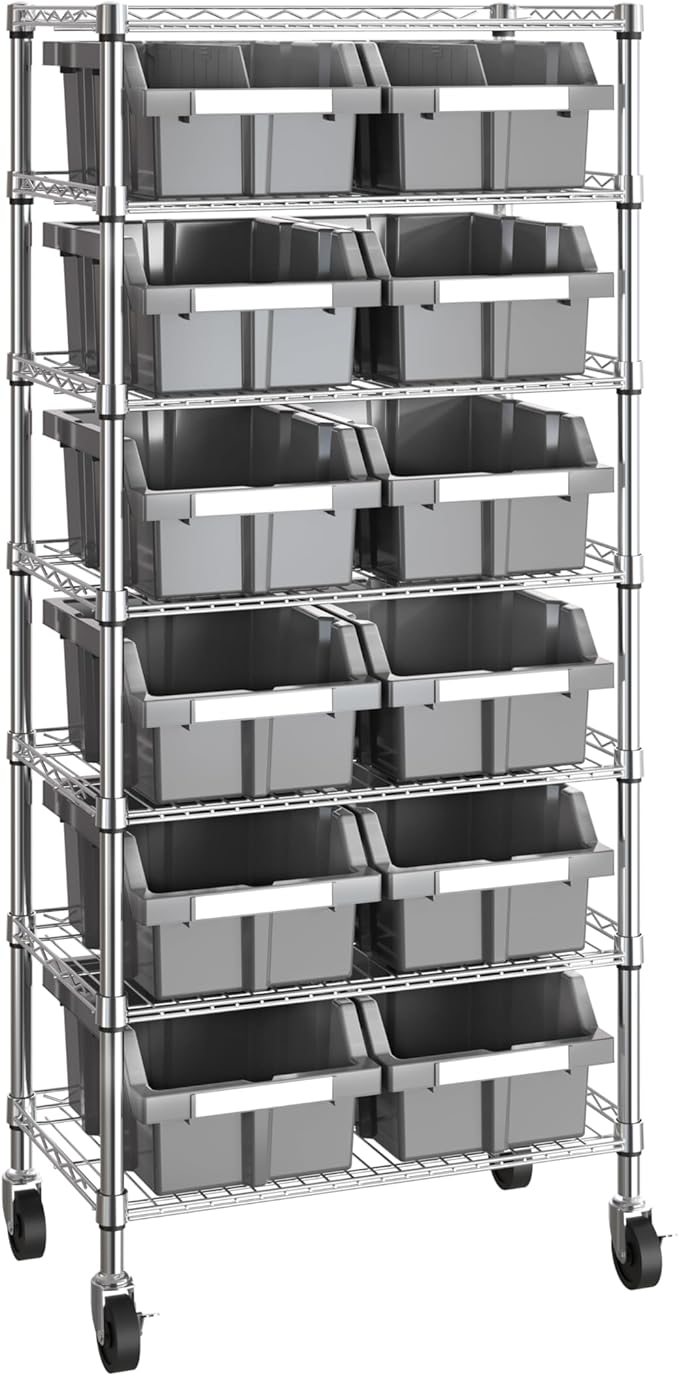 Seville Classics Heavy Duty NSF Bin Rack Solid Steel Wire Shelving Storage Unit, Patented Organizer for Garage, Warehouse, Office, Restaurant, Classroom, Kitchen, Gray, Includes 12 Bins