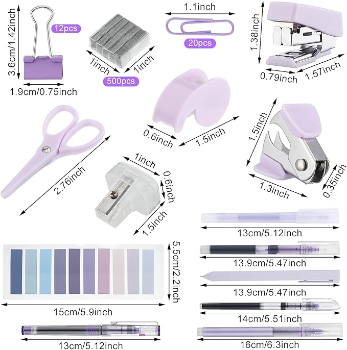 Colarr Mini Office Supply Kit Includes Stapler Tape Dispenser Staple Remover Paper Clips Scissor Staples Pen Sharpener Note Small Telescopic Knife for Office and School Clerk Student (Purple)