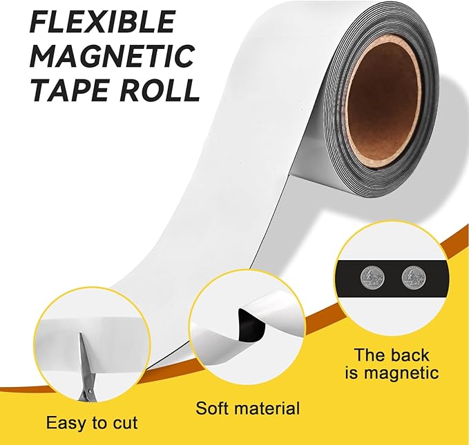 Magnetic Dry Erase Tape, 2" x 15ft Reusable Label Roll - Writeable & Self-Cut Magnetic Strips for Whiteboard, Toolbox, Cabinet Organization (Classroom, Garage, Warehouse)