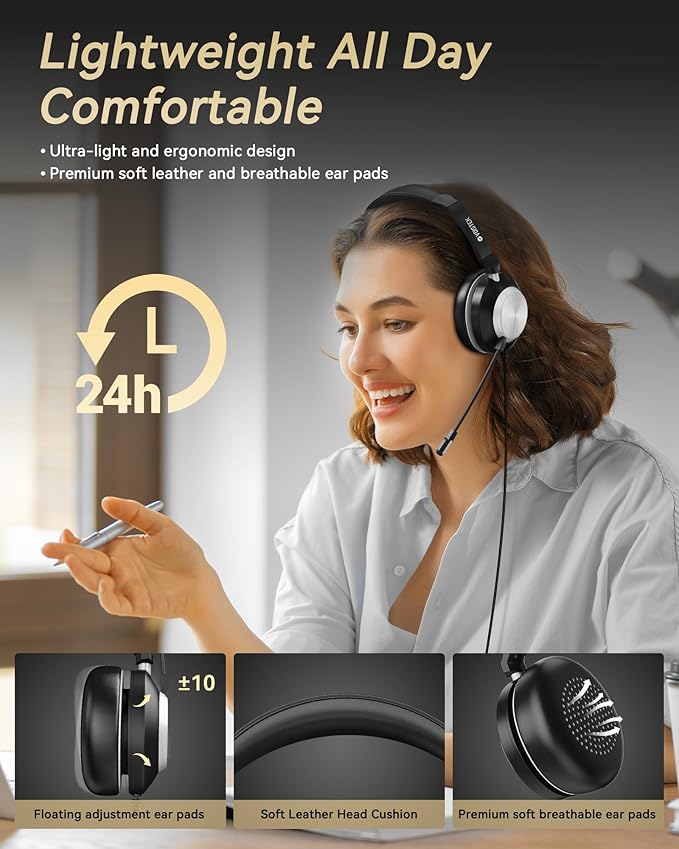 Voistek USB Headset with Microphone for PC & Laptop, On-Ear Computer Headset with Noise Canceling Microphone, in-line Control, All-Day Comfort for Work, Zoom, Teams, Online Meetings & Home Office