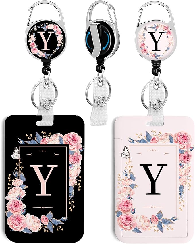 2 Pack A-Z Letter ID Badge Holder with Clip Badge Reels Retractable Heavy Duty,Keychain，ID Holder for School Nurse Office Y