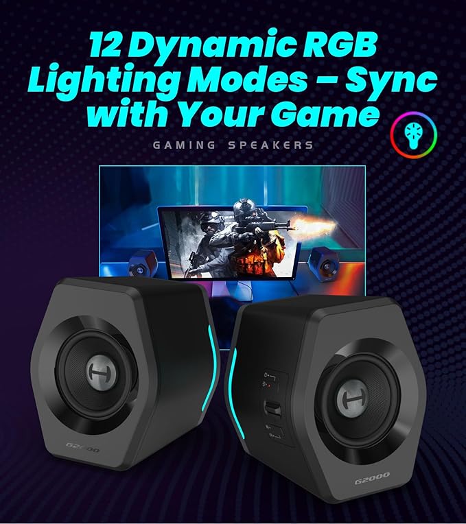 Edifier G2000 RGB Gaming Speakers, 32W Peak Power, Compact Design for PC/PS4/Desktop, Bluetooth 5.1, 3.5mm AUX, Game/Movie/Music Modes, 12 RGB Lighting Effects - Black