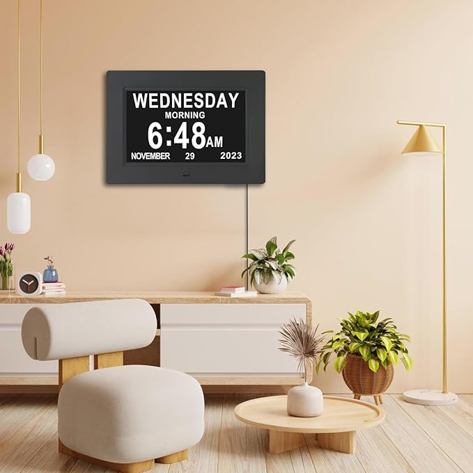 7 Inch Extra Large Day Date Time Digital Day Calendar Clock with Auto-Dimming 12 Alarm Reminders Dementia Clocks for Senior Elderly impaired Vision Memory Loss
