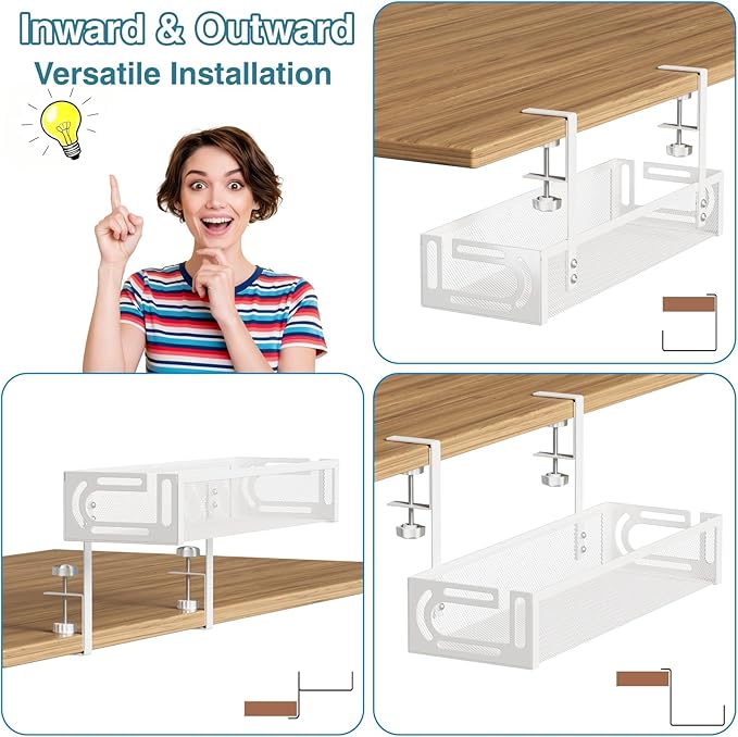 No Drill Under Desk Cable Management Tray, SONATURE 15.7" Cord Organizer for Table, Clamp Mount Desk Cable Management, Premium Carbon Steel Cable Organizer for Office, Home (White)