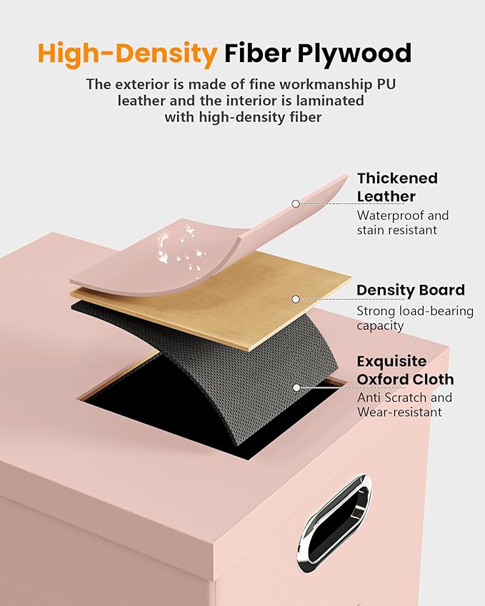 2 Pack File Storage Organizer, Portable File Box with Lid, Fit for Letter/Legal File Folder Storage, Cream-pink (Leather) Box