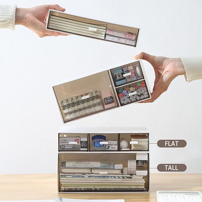 Desktop Stackable Storage 3 Drawers, Blue Plastic Stationery Drawer Organiser, Makeup Desk Organiser Storage Box, Small Drawers Storage Unit, 1 Deep Layer