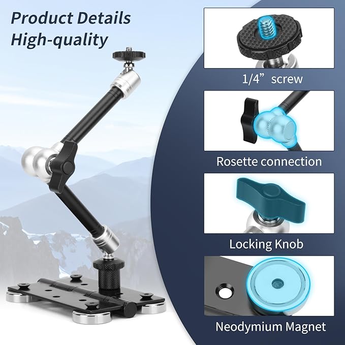 Fantaseal Heavy Duty Magnetic Mount Holder - Video Vlogging Rig with 11" Adjustable Metal Magic Arm for Nikon Canon Sony DSLR, Mirrorless, Action Camera, Camcorder, iPhone & LCD Monitor