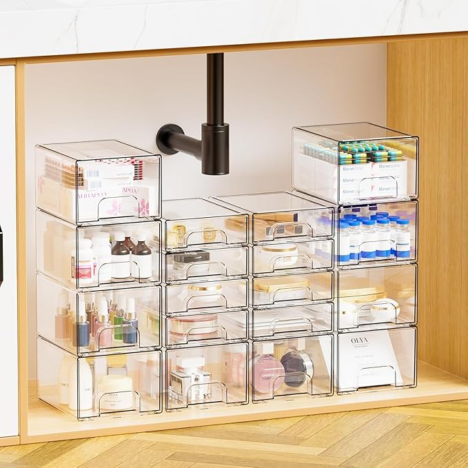 4.4" Tall Small Clear Acrylic Stackable Storage Drawers for Vanity,Under Sink,Bathroom Closet,Medicine Cabinet Organization and Plastic Storage Bins for Organizing Makeup,Baby Bottles,Pacifier,6 PCS