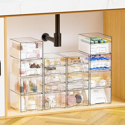 4.4" Tall Small Clear Acrylic Stackable Storage Drawers for Vanity,Under Sink,Bathroom Closet,Medicine Cabinet Organization and Plastic Storage Bins for Organizing Makeup,Baby Bottles,Pacifier,6 PCS