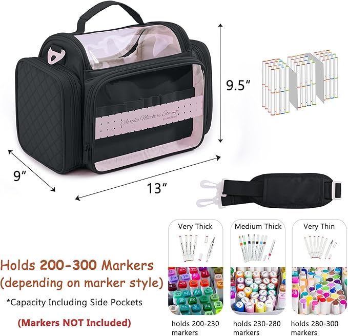 Marker Organizer Case Bag for 200-300 Markers – Large Art Supply Storage Bag with Detachable Dividers, Travel Marker Holder for Alcohol Markers, Brush Pens, Colored Pencils & Craft Supplies