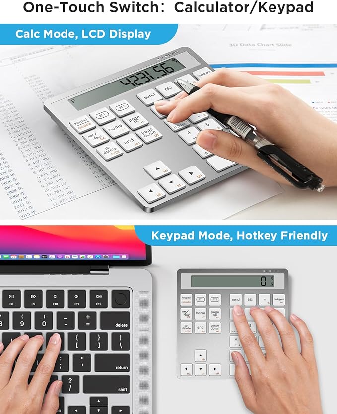 Rechargeable Wireless Number Pad for Laptop, 34 Keys Numeric Keypad with Dual Bluetooth & Display, 2-in-1 Numpad and Calculator, Slim Portable Number Pad Keyboard for Windows, Mac, PC, Tablet