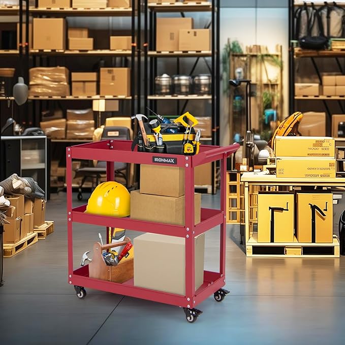 Goplus 3-Tier Utility Cart, Heavy Duty Commercial Service Tool Cart w/3 Spacious Shelves, 4 Universal Wheels with 2 Brakes, Rolling Mechanic Tool Cart Storage Organizer for Warehouse Garage