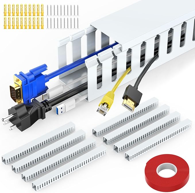 Wire Duct Kit, Open Slot Cable Management Raceway, 123in Track Desk Channel, Cord Cover Wiring, Cable Raceway Kit to Hide Wall Mount TV Cables - 8x15.4in X 1.97in X 1.97in