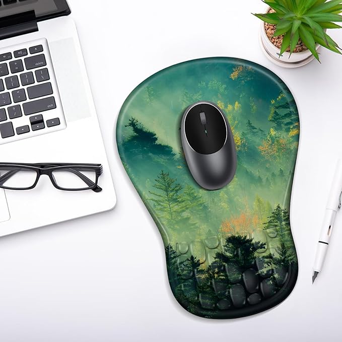 YIWEI Ergonomic Mouse Pad with Wrist Rest - Comfortable Office Mousepad with Memory Foam Wrist Support for Carpal Tunnel Relief, Mouse Pads with Non-Slip Base for Gaming and Home (Forest)