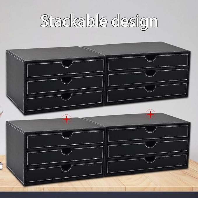 PU Leather Desk Organizer with 3 Drawers,Executive Office Supplies Desktop Filing A4 File Cabinet/Holder for Jewelry/Bill/Paper/Documents/Makeup Home Decor Stationery Storage Box,Black