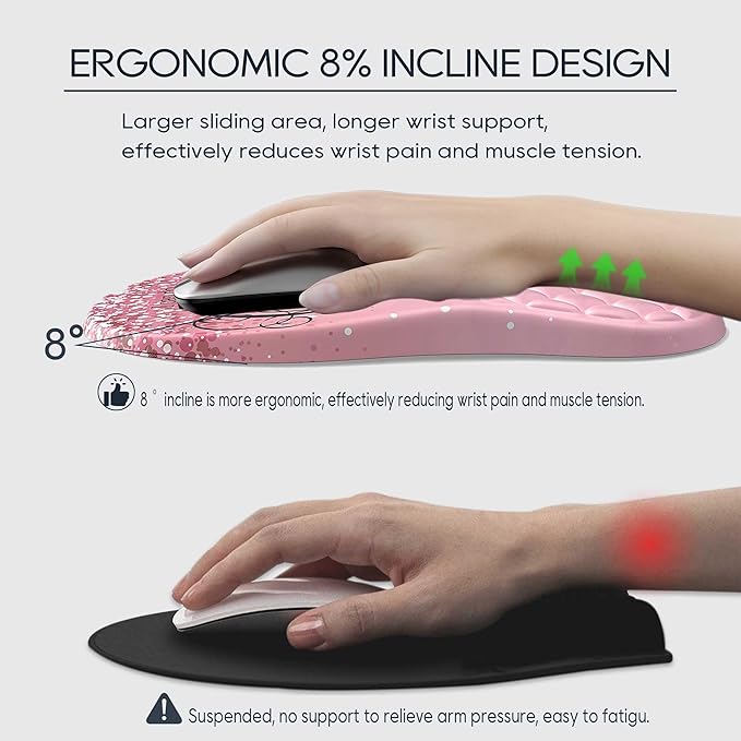 HunDun Pink Ergonomic Mouse Pad Wrist Support with Memory Foam&Non-Slip Pu Base Cushion Massage Bump，Cute Mousepads with Wrist Rest for Carpal Tunnel Pain Relief,Office Deco