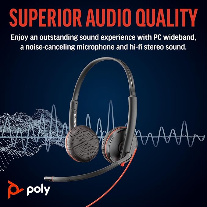 Poly Blackwire 3225 Wired Headset (Plantronics) - Noise-Canceling Mic – Stereo Design - Connect to PC/Mac/Mobile via USB-C, USB-A, or 3.5mm - Works w/Teams, Zoom - Amazon Exclusive
