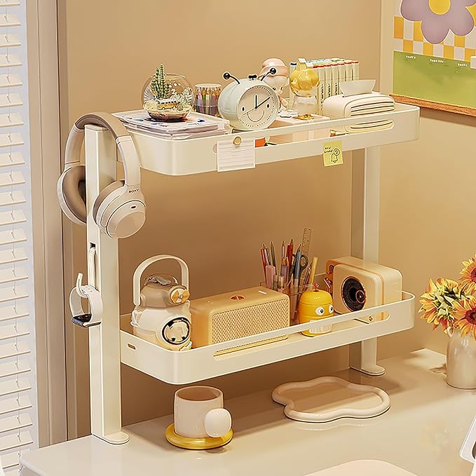 JHDXL Clamp On Desk Organizer Shelf, Rotatable Height Adjustable Over or Under Desk Storage Shelves, Vertical Storage for Small Desks, Home Office, Dorm, Makeup Vanity(White,56cm/22in)
