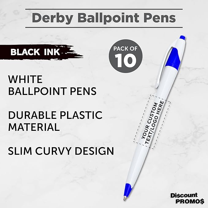DISCOUNT PROMOS Custom Slim Curvy Ballpoint Pens Set of 10, Personalized Bulk Pack - Black Ink, Retractable, Great for Office, School, Tradeshows - Blue Black
