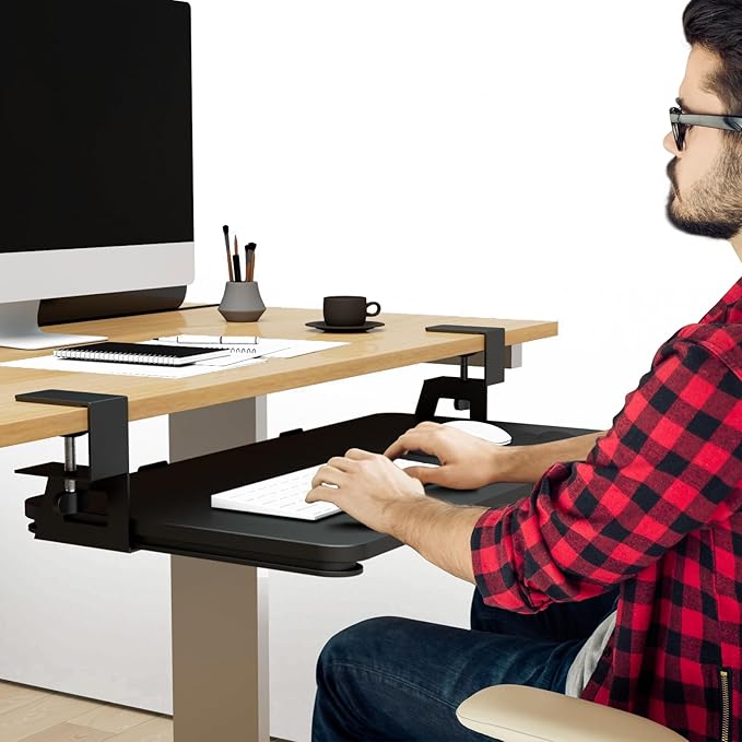 Desktop Keyboard Tray, Under Desk Pull Out, 26.77" X 11.81" Large Size Keyboard Tray with C-Clip Mount, Easy Installation, Computer Keyboard Stand, for Home Study and Office